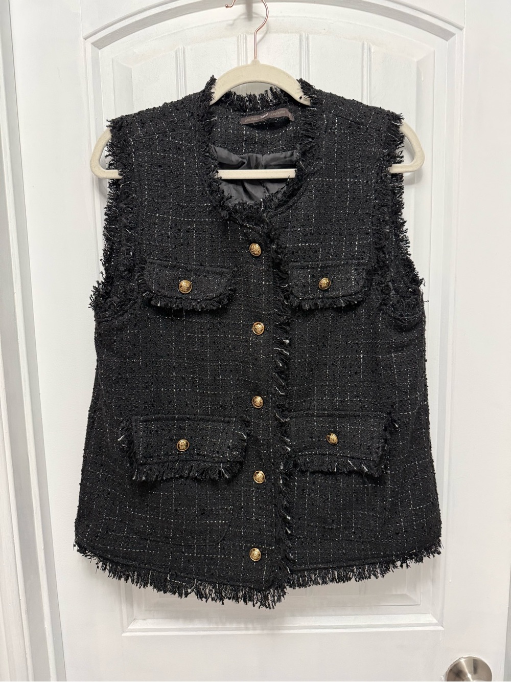 NWOT Hazel Black Tweed Vest Gold Button Frayed Trim Sleeveless Vest Large (54-12